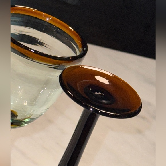 2 Set Hand Blown Wine Glasses. Amber Rim and Stem - Picture 3 of 5